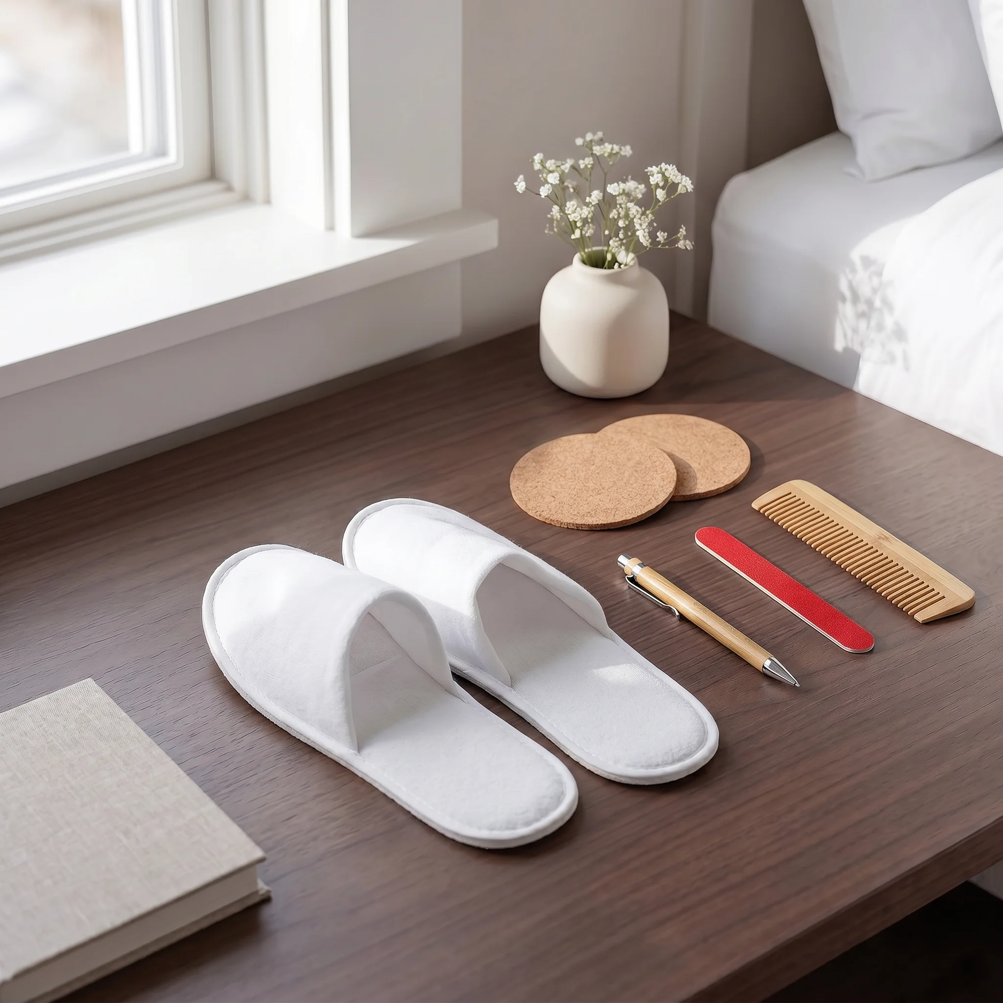 Bamboo and slipper amenities arranged on a table